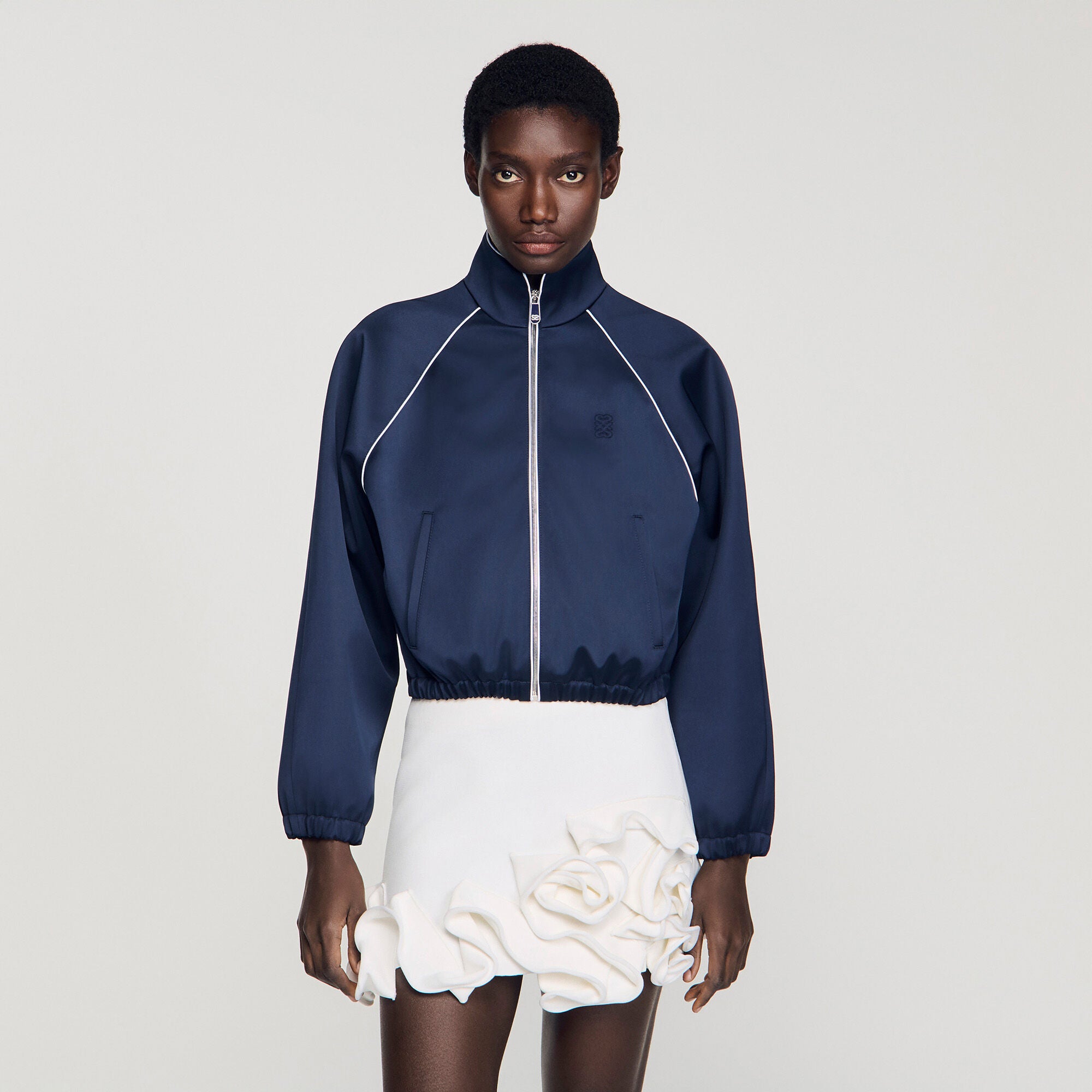Embroidered cropped satin jacket