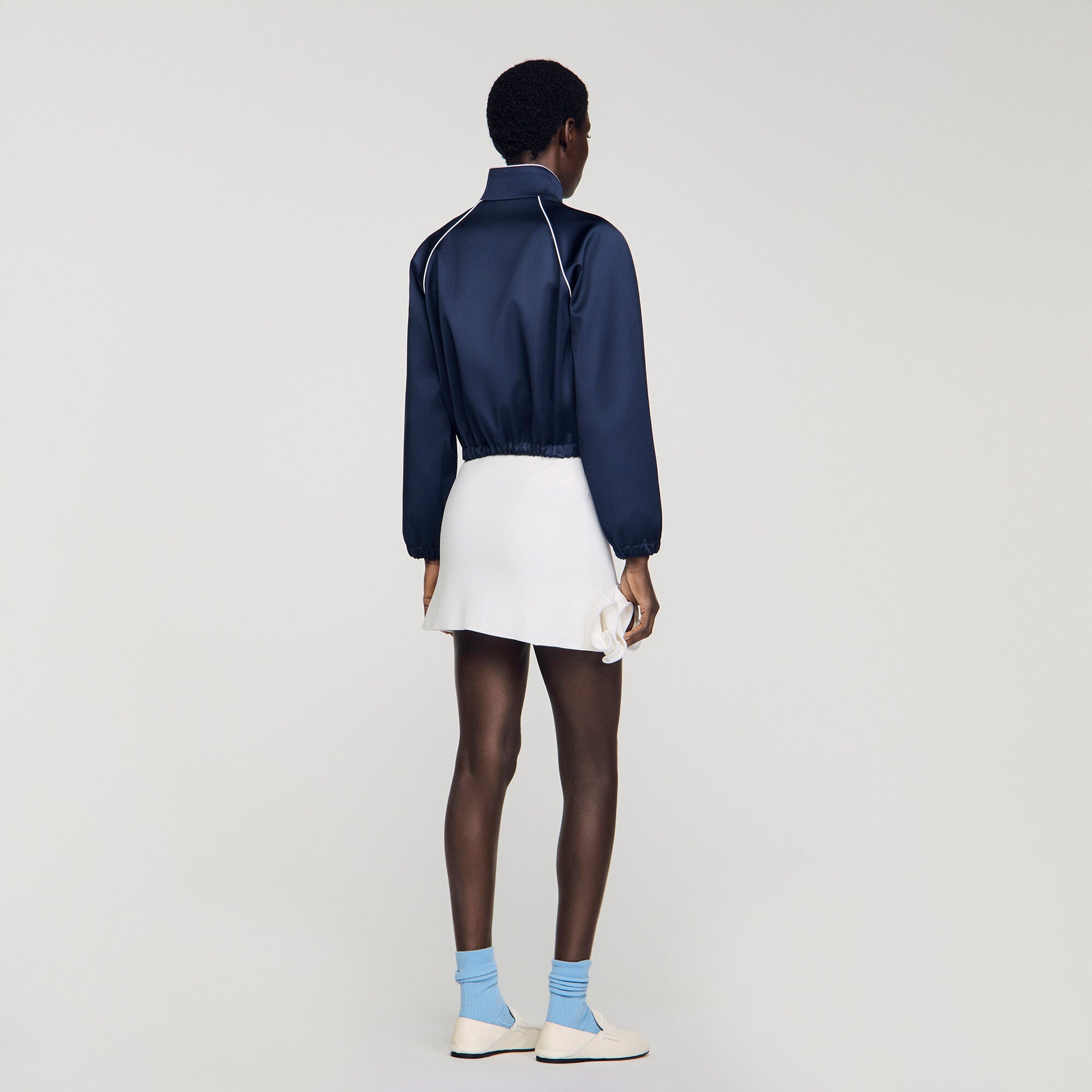 Embroidered cropped satin jacket